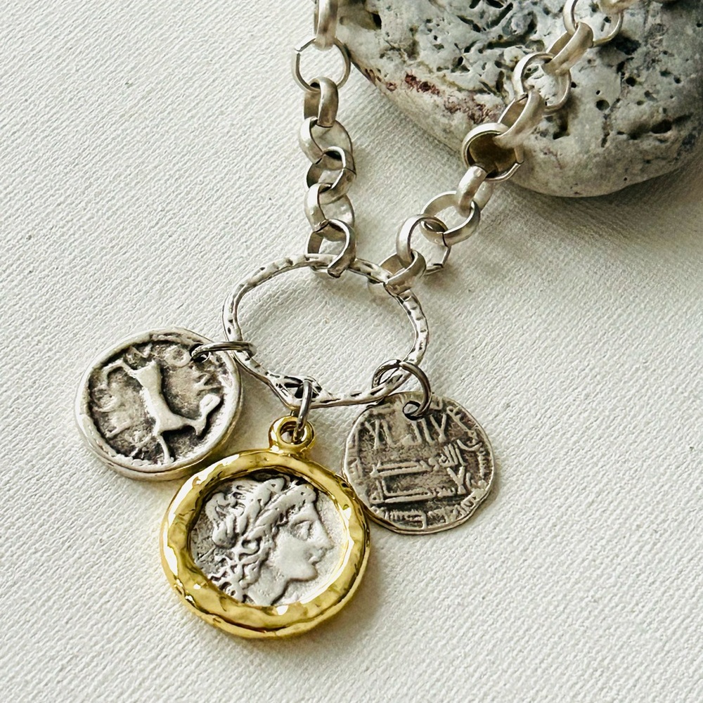 Vintage-Inspired Silver & Gold Coin Charm Necklace - Women Jewelry